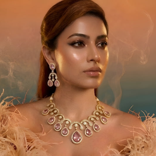 Pink Stone Kundan Necklace Set with Dangle Earrings for Women & Festive Jewelry