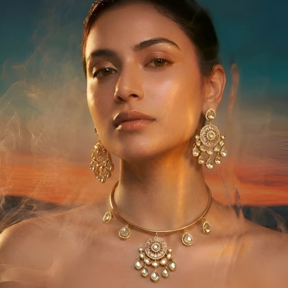 Gold Plated Kundan Choker Necklace Set with Crystal Drops & Matching Earrings for Women