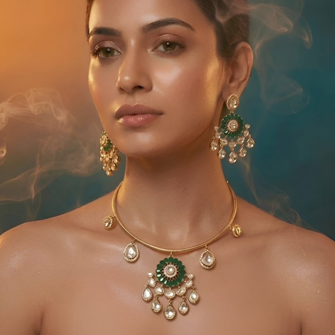 Green Stone Gold Plated Choker Necklace Set with Matching Earrings for Women