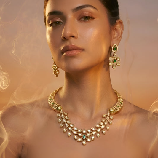 Elegant Kundan Polki Necklace Set with Green Stones & Pearl Tassel – Bridal Traditional Jewellery