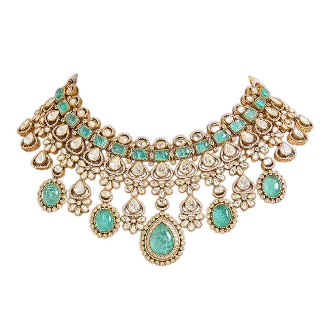 Emerald Green Kundan Necklace Set with Matching Earrings