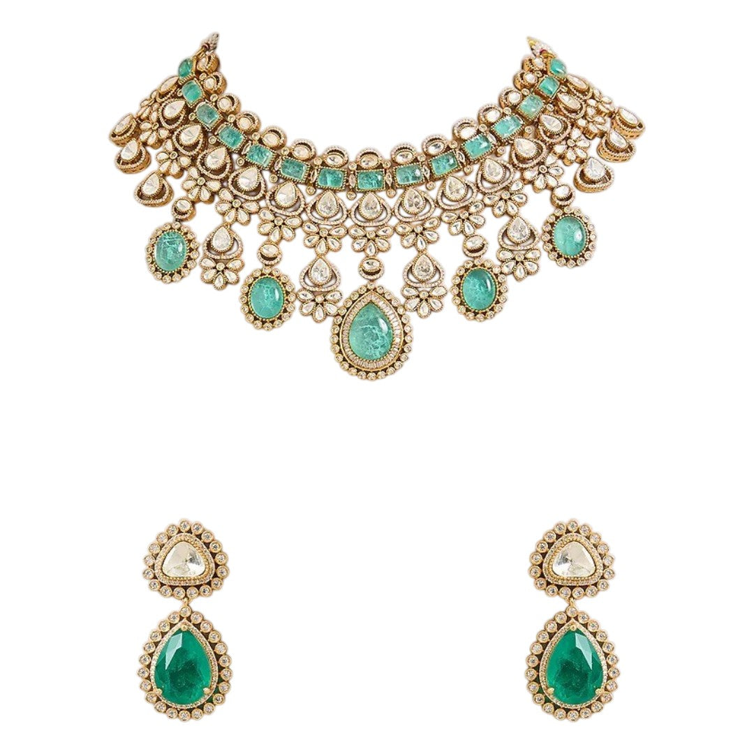 Emerald Green Kundan Necklace Set with Matching Earrings