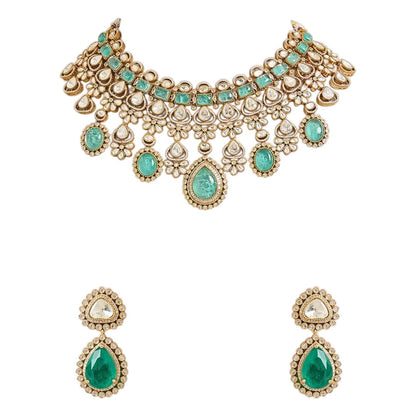 Emerald Green Kundan Necklace Set with Matching Earrings