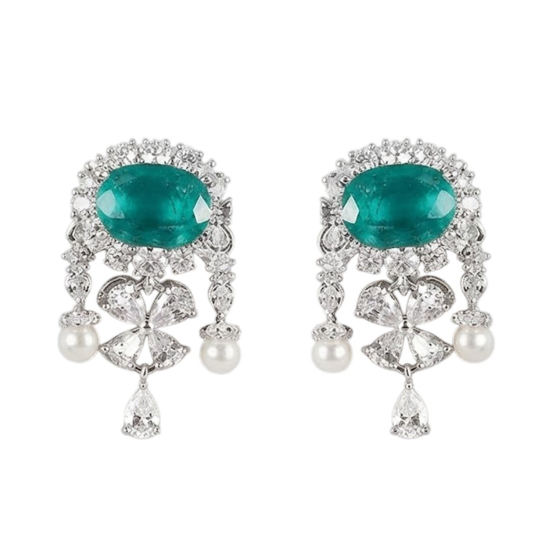 Emerald Green American Diamond Choker Necklace Set with Matching Stud Earrings for Women in Rhodium Finish