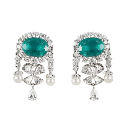 Emerald Green American Diamond Choker Necklace Set with Matching Stud Earrings for Women in Rhodium Finish