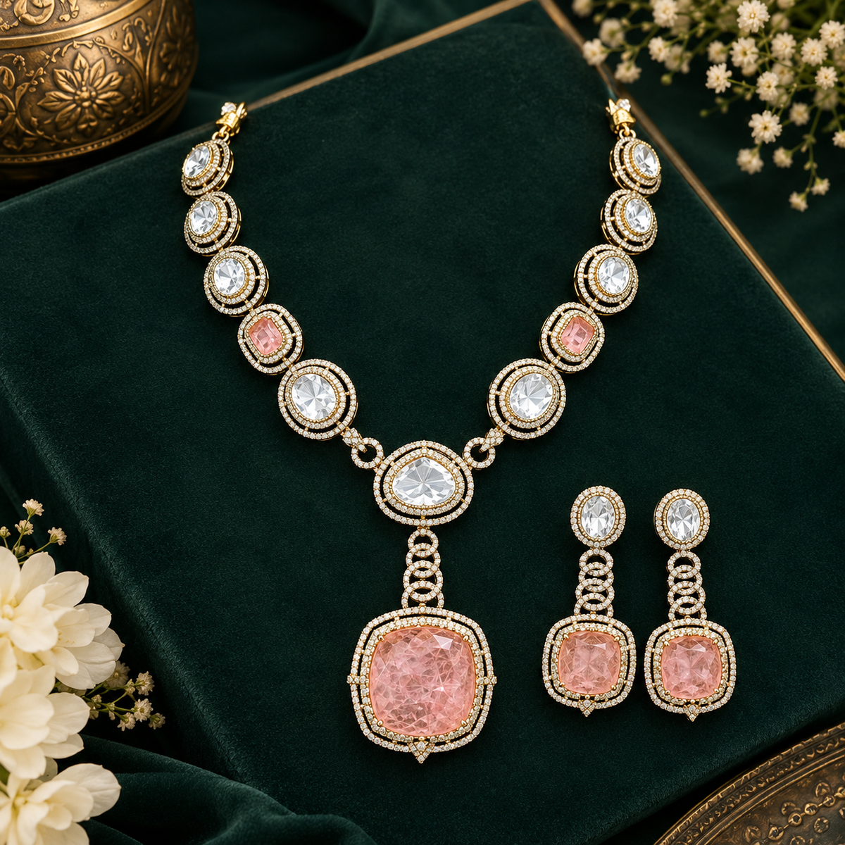 Antique gold Victorian kundan necklace with a large square peach-pink pendant and matching drop earring on a grey display bust