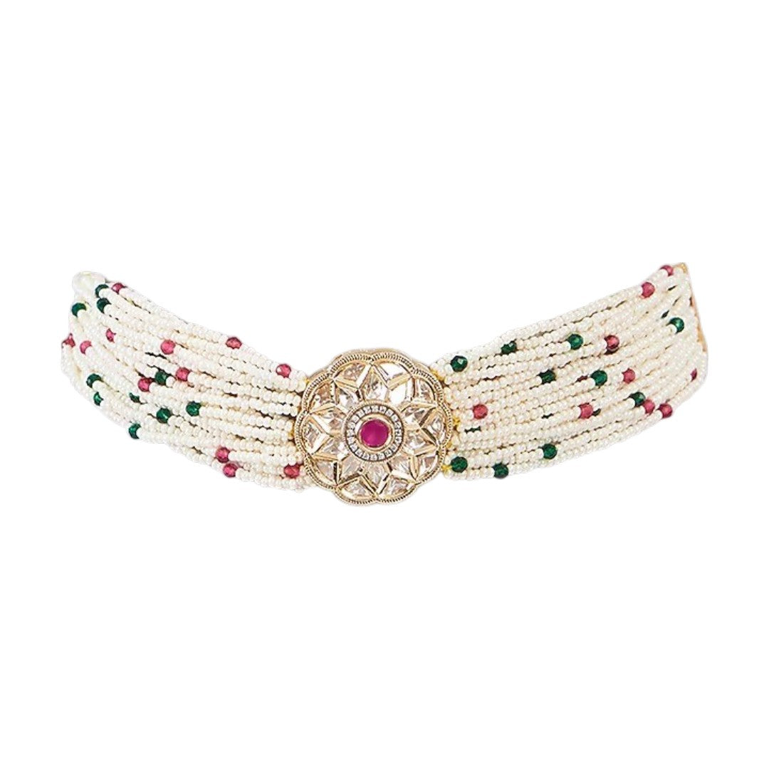 Multi-Strand Pearl Beaded Choker with Kundan Ruby Medallion