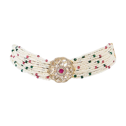 Multi-Strand Pearl Beaded Choker with Kundan Ruby Medallion
