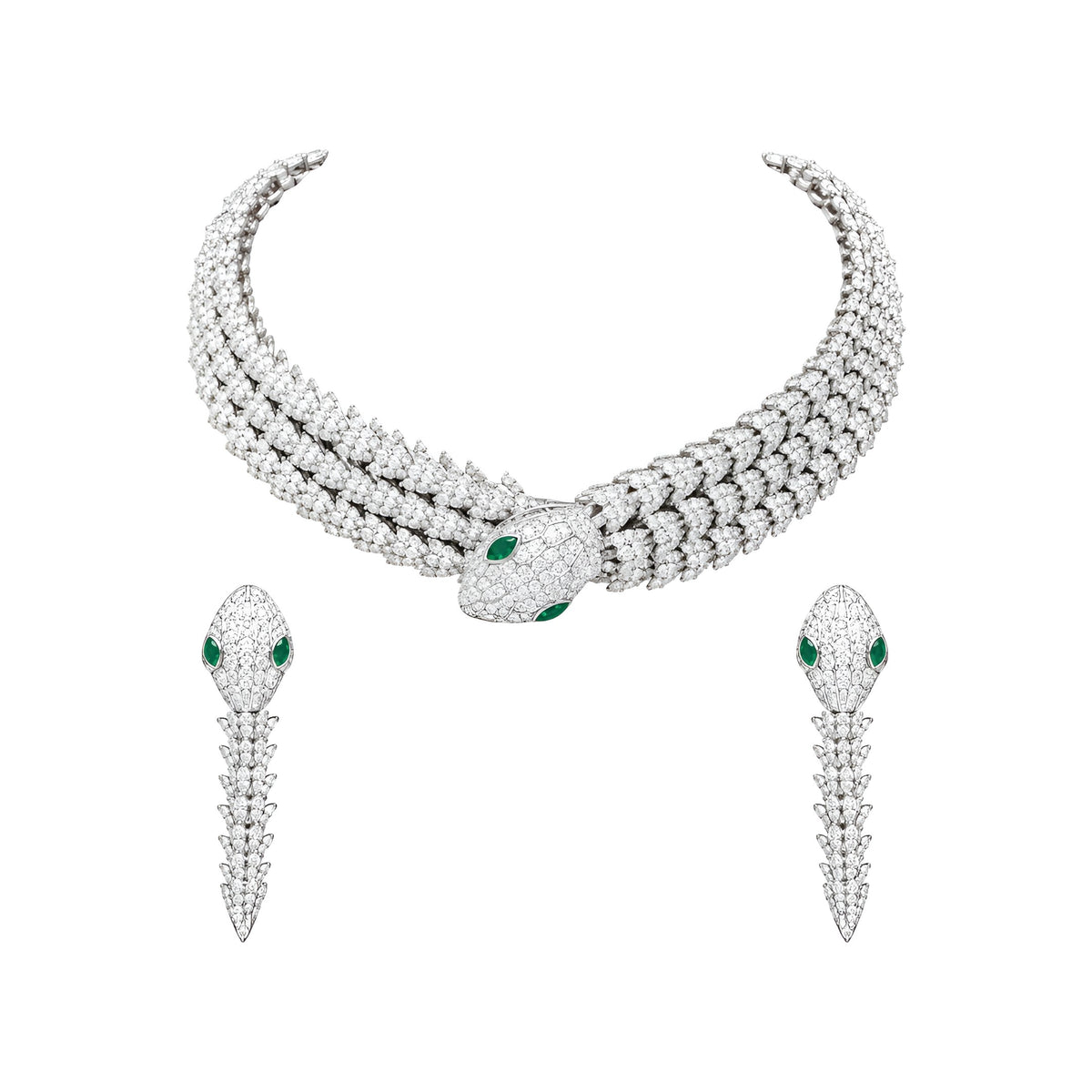 Rhodium-plated snake-inspired necklace set with green and white stones and matching earrings