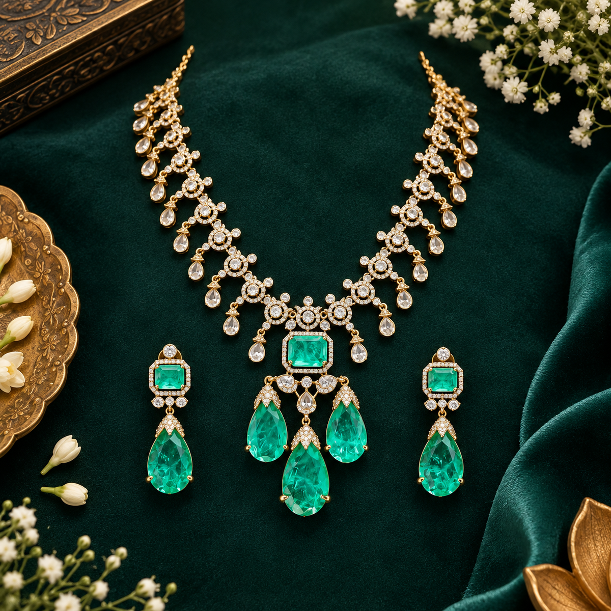 Gold plated emerald green American diamond necklace set with pear-shaped drops and matching drop earrings on