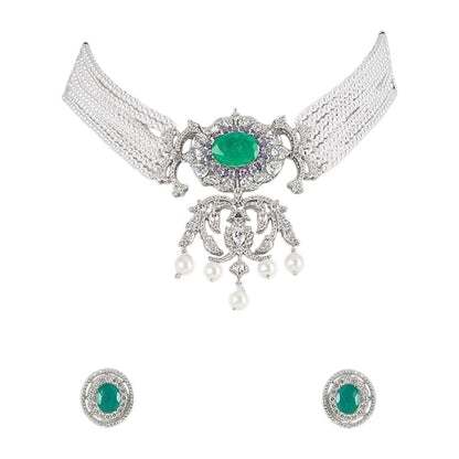 Emerald Green Pearl Choker Necklace Set with American Diamonds & Stud Earrings for Women