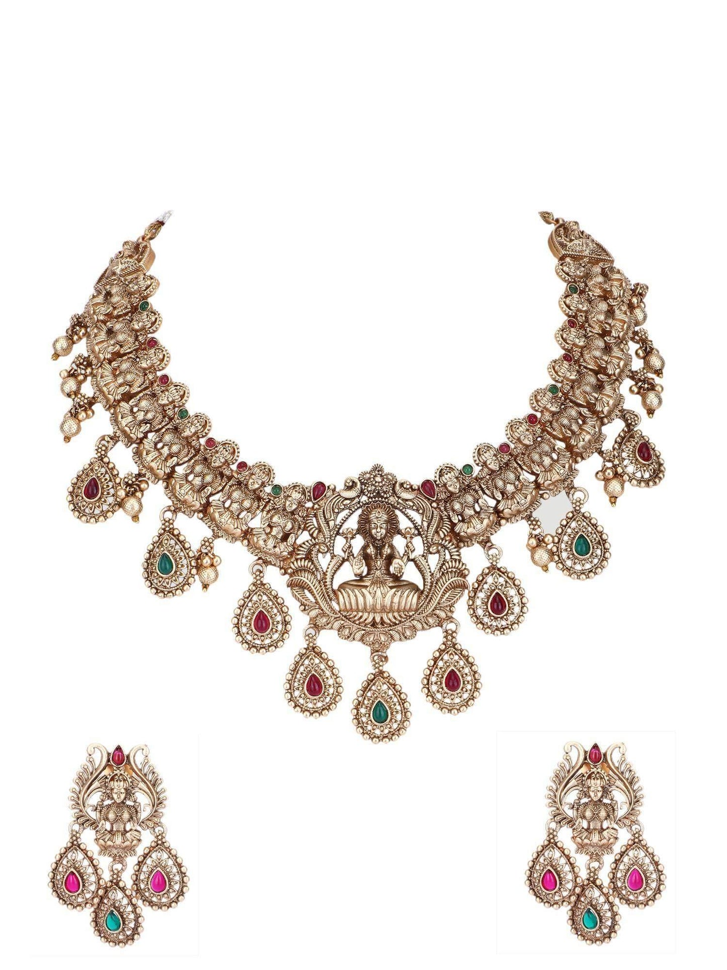Alluring 22KT Gold Plated Kundan Red and Green Necklace Set - Auraa Trends