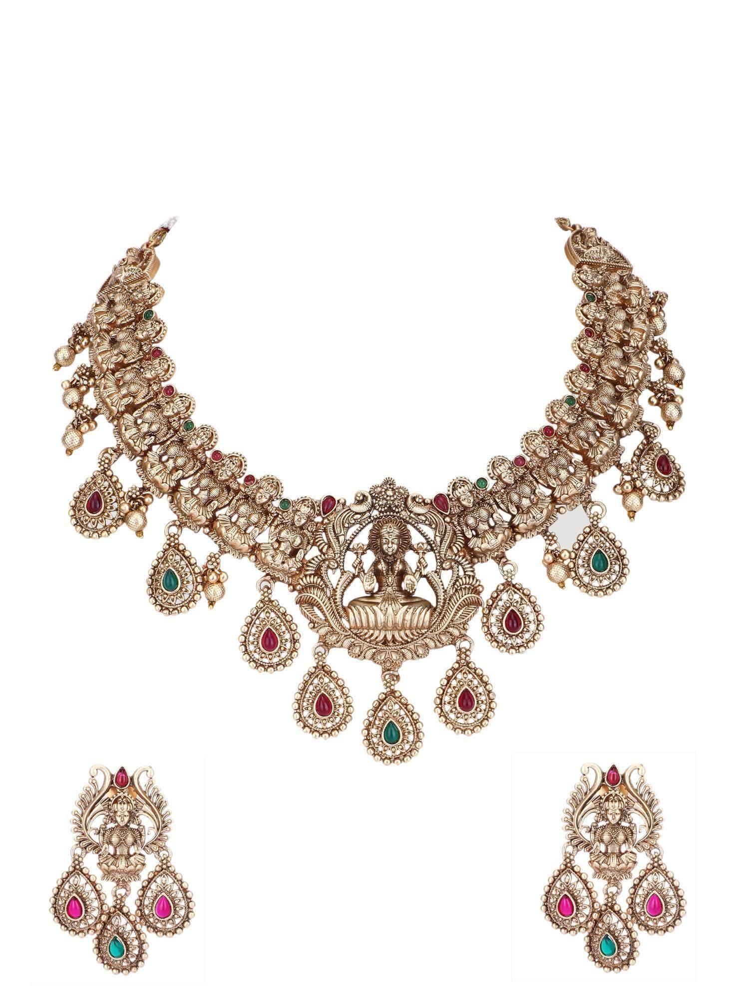 Alluring 22KT Gold Plated Kundan Red and Green Necklace Set - Auraa Trends