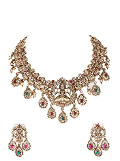 Alluring 22KT Gold Plated Kundan Red and Green Necklace Set - Auraa Trends