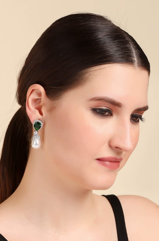 Alluring Rhodium Plated American Diamond Drop Earrings - Auraa Trends - Drop - Earring Earrings Blue