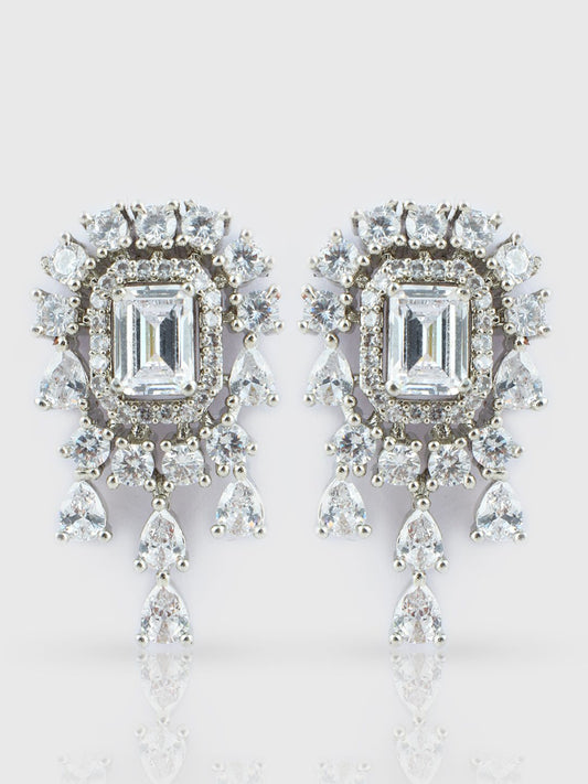 Alluring Rhodium Plated American Diamond Stud Earrings - Auraa Trends - Studs - Earring Earrings Festive
