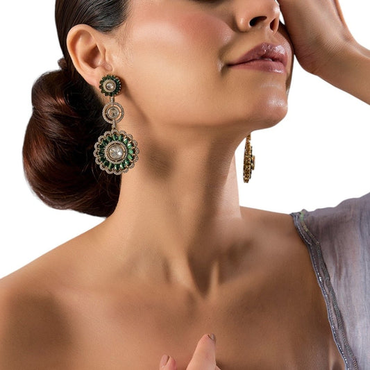 Antique Gold - Plated Green Kundan Floral Dangle Earrings for Women - Auraa Trends - Earrings -  - Auraa Trends - Green and gold kundan floral dangler earrings with polki stones – ethnic Indian jewelry