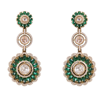 Antique Gold - Plated Green Kundan Floral Dangle Earrings for Women - Auraa Trends - Earrings -  - Auraa Trends - Green and gold kundan floral dangler earrings with polki stones – ethnic Indian jewelry