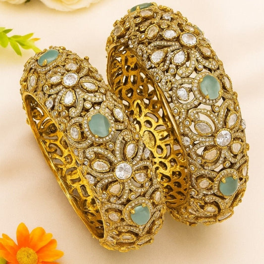 Antique Gold - Plated Kundan Bangles with Green Stone & Polki Floral Design - Auraa Trends - Bangles -  - Auraa Trends - "Antique gold - plated kundan bangles with green gemstone and polki floral design – bridal traditional jewelry set"