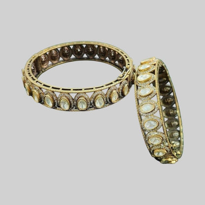 Antique Gold-Plated Kundan Bangles with Oval Polki Stones - Auraa Trends
