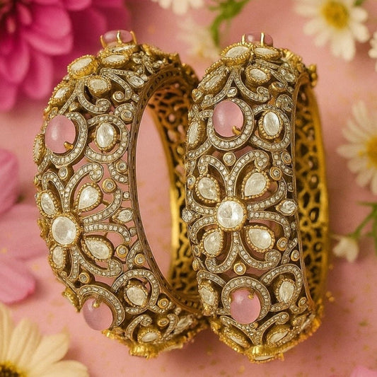 Antique Gold - Plated Kundan Bangles with Pink Stone & Polki Work - Auraa Trends - Bangles -  - Auraa Trends - "Antique gold - plated kundan bangles with pink stones and polki floral design – bridal traditional jewelry set"