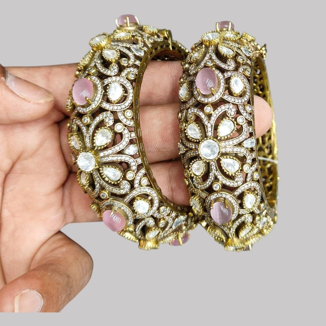 Antique Gold - Plated Kundan Bangles with Pink Stone & Polki Work - Auraa Trends - Bangles -  - Auraa Trends - "Antique gold - plated kundan bangles with pink stones and polki floral design – bridal traditional jewelry set"