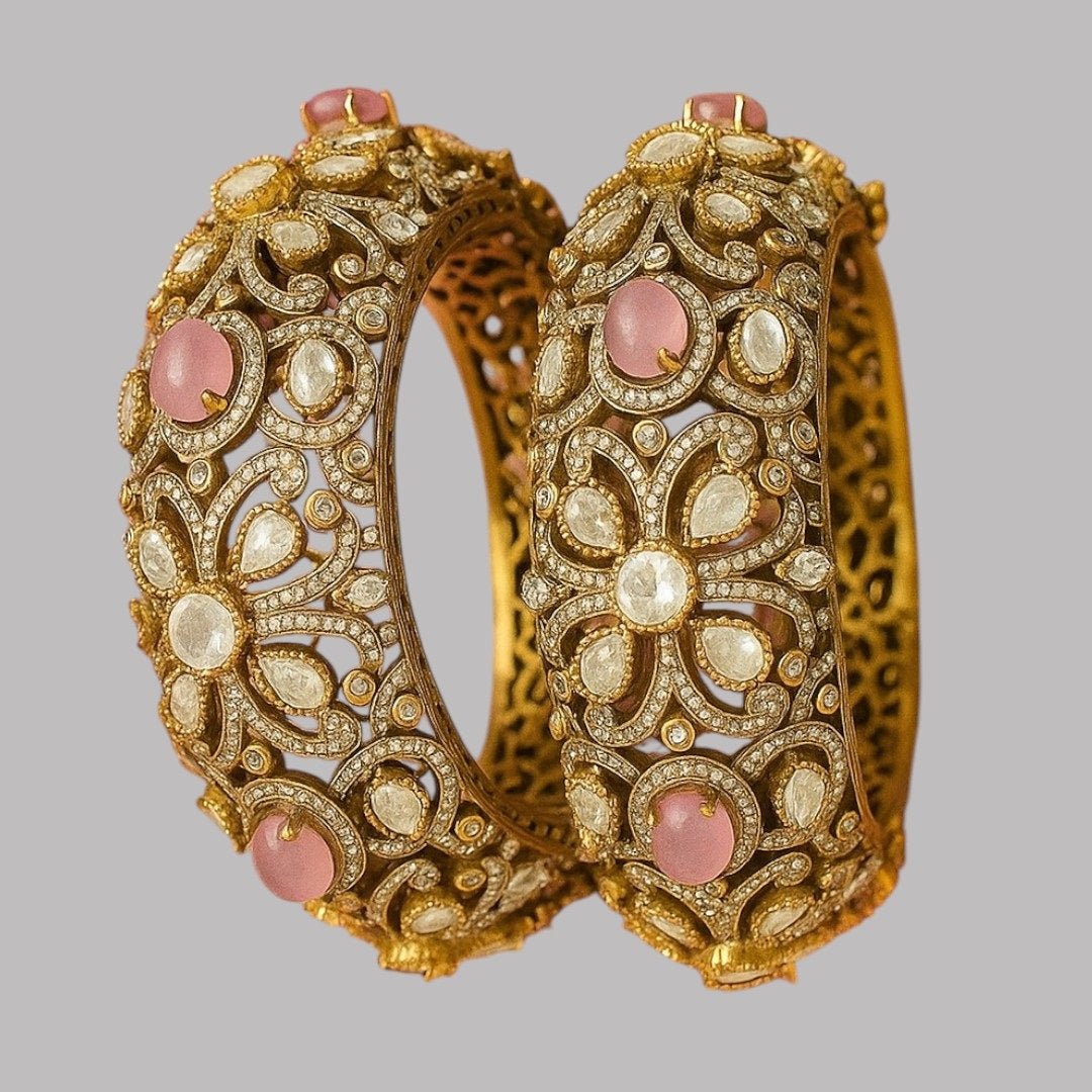 Antique Gold - Plated Kundan Bangles with Pink Stone & Polki Work - Auraa Trends - Bangles -  - Auraa Trends - "Antique gold - plated kundan bangles with pink stones and polki floral design – bridal traditional jewelry set"