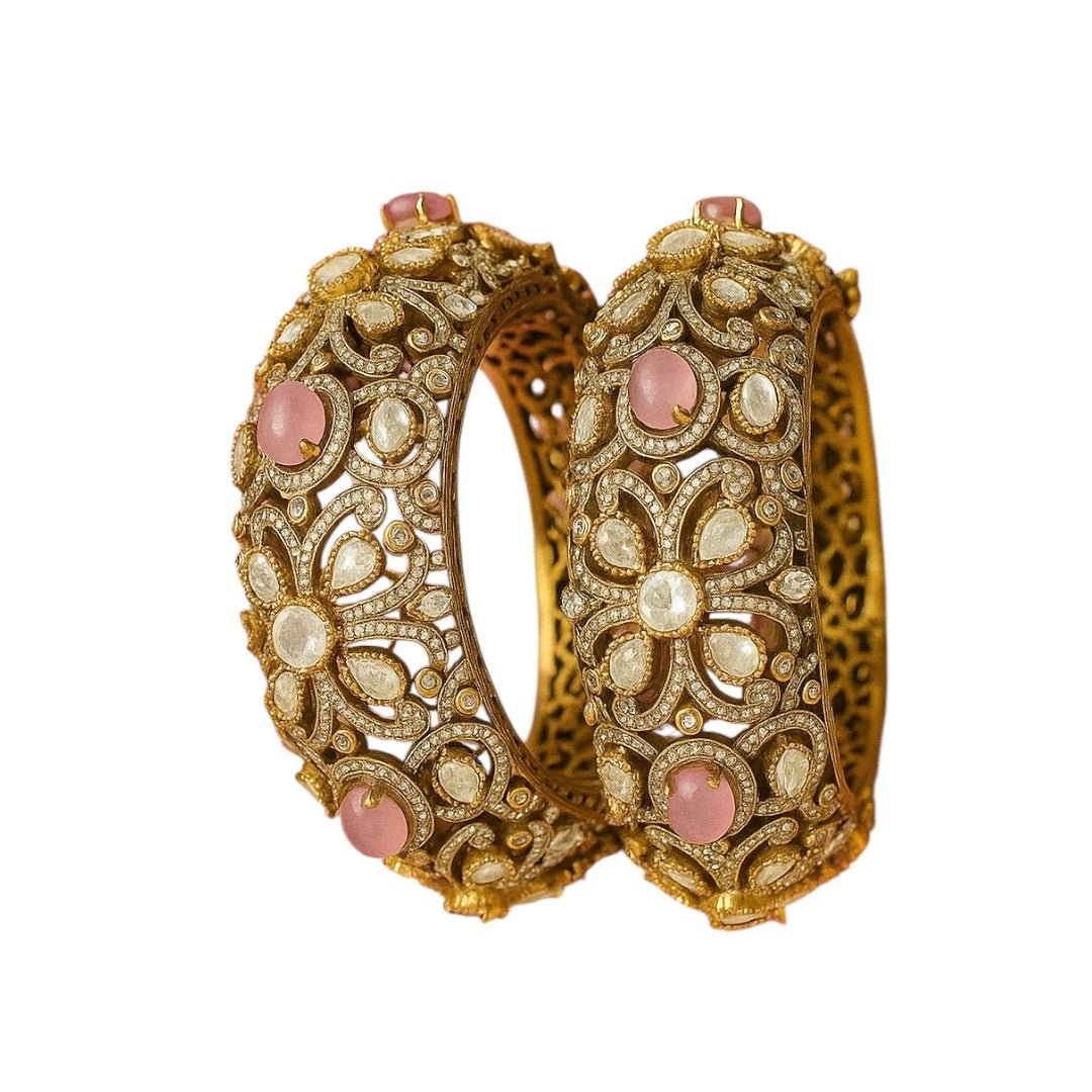 Antique Gold - Plated Kundan Bangles with Pink Stone & Polki Work - Auraa Trends - Bangles -  - Auraa Trends - "Antique gold - plated kundan bangles with pink stones and polki floral design – bridal traditional jewelry set"