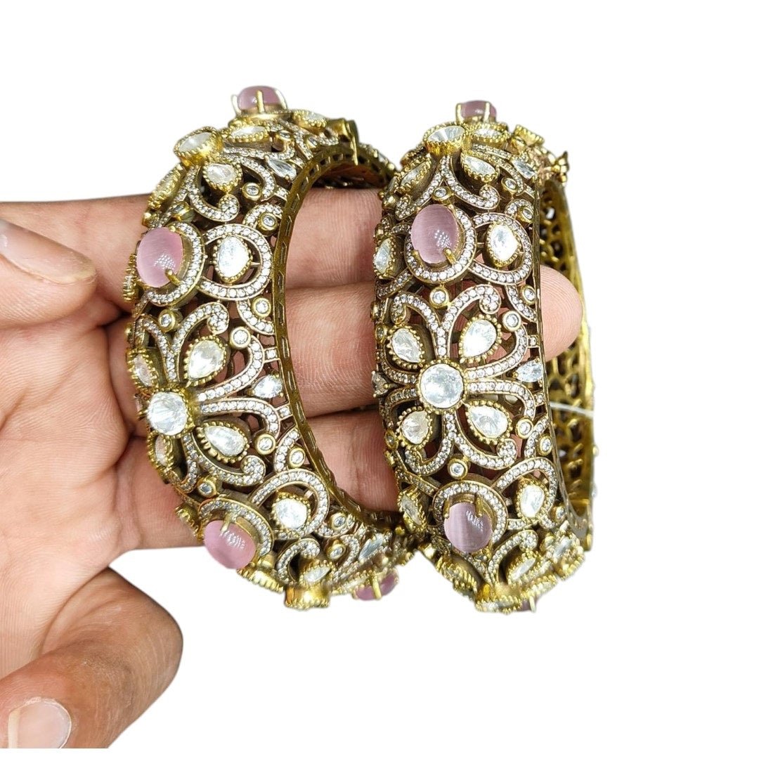 Antique Gold - Plated Kundan Bangles with Pink Stone & Polki Work - Auraa Trends - Bangles -  - Auraa Trends - "Antique gold - plated kundan bangles with pink stones and polki floral design – bridal traditional jewelry set"