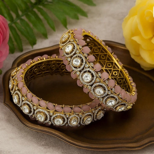 Antique Gold - Plated Kundan Bangles with Pink Stones & Polki Detailing - Auraa Trends - Bangles -  - Auraa Trends - "Antique gold - plated kundan bangles with pink stones and polki circular design – bridal and festive jewelry set"