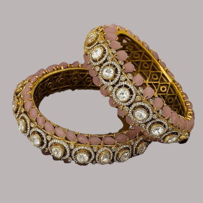 Antique Gold - Plated Kundan Bangles with Pink Stones & Polki Detailing - Auraa Trends - Bangles -  - Auraa Trends - "Antique gold - plated kundan bangles with pink stones and polki circular design – bridal and festive jewelry set"