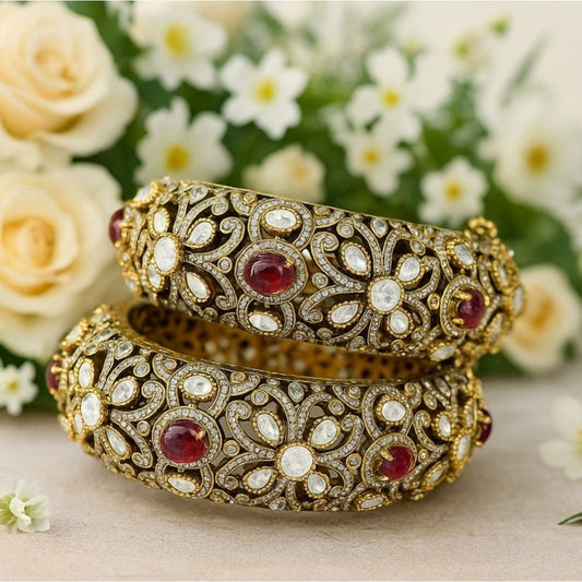Antique Gold - Plated Kundan Bangles with Red Stone & Polki Floral Design - Auraa Trends - Bangles -  - Auraa Trends - "Antique gold - plated kundan bangles with red gemstone and polki floral design – bridal traditional jewelry set"
