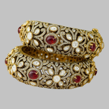 Antique Gold - Plated Kundan Bangles with Red Stone & Polki Floral Design - Auraa Trends - Bangles -  - Auraa Trends - "Antique gold - plated kundan bangles with red gemstone and polki floral design – bridal traditional jewelry set"