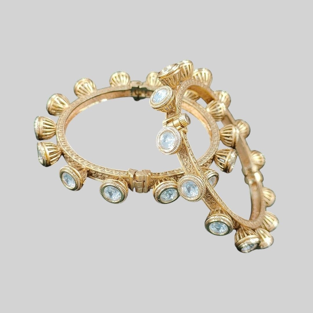 Antique Gold - Plated Openable Kundan Bangles with Textured Dome Detailing for Women - Auraa Trends - Bangles -  - Auraa Trends - Antique Gold - Plated Openable Kundan Bangles with Textured Dome Detailing for Women