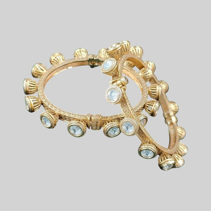 Antique Gold - Plated Openable Kundan Bangles with Textured Dome Detailing for Women - Auraa Trends - Bangles -  - Auraa Trends - Antique Gold - Plated Openable Kundan Bangles with Textured Dome Detailing for Women