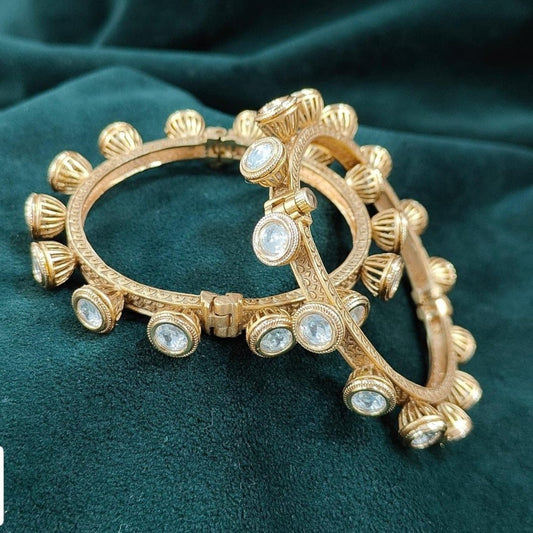 Antique Gold - Plated Openable Kundan Bangles with Textured Dome Detailing for Women - Auraa Trends - Bangles -  - Auraa Trends - Antique Gold - Plated Openable Kundan Bangles with Textured Dome Detailing for Women