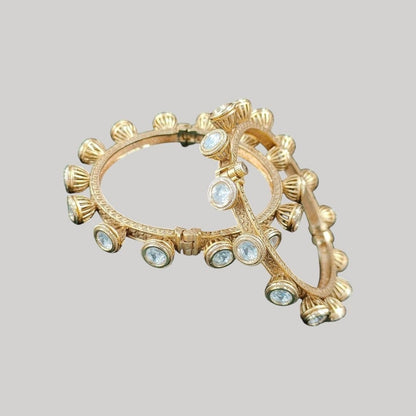Antique Gold - Plated Openable Kundan Bangles with Textured Dome Detailing for Women - Auraa Trends - Bangles -  - Auraa Trends - Antique Gold - Plated Openable Kundan Bangles with Textured Dome Detailing for Women
