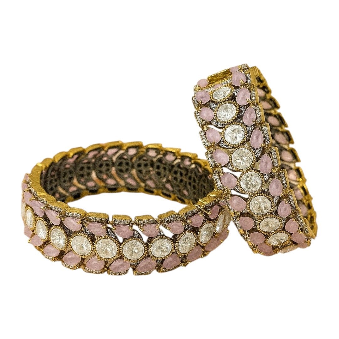 Antique Gold - Plated Pink & White Stone Designer Bangles for Women - Auraa Trends - Bangles -  - Auraa Trends - Antique gold - plated bangles with pastel pink teardrop stones and round white crystals, displayed on a neutral background with soft floral decor