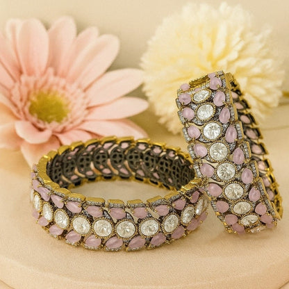 Antique Gold - Plated Pink & White Stone Designer Bangles for Women - Auraa Trends - Bangles -  - Auraa Trends - Antique gold - plated bangles with pastel pink teardrop stones and round white crystals, displayed on a neutral background with soft floral decor