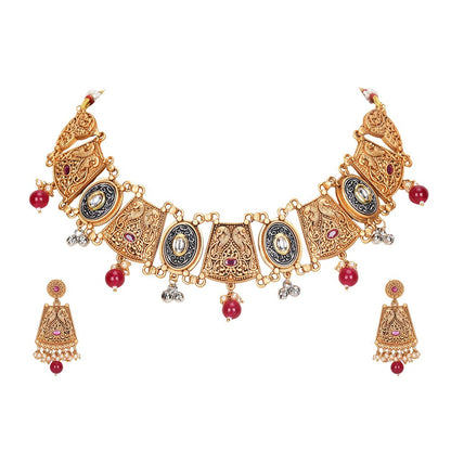 Antique Gold-Plated Temple-Style Choker Jewelry Set with Red Beads - Auraa Trends - Choker -Choker sets choker set for women
