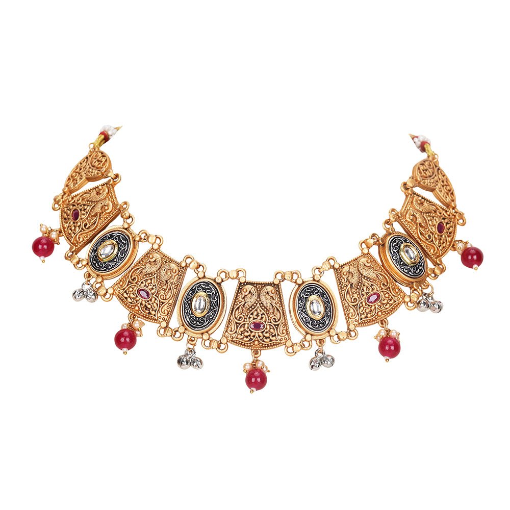 Antique Gold-Plated Temple-Style Choker Jewelry Set with Red Beads - Auraa Trends - Choker -Choker sets choker set for women
