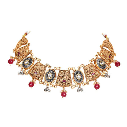 Antique Gold-Plated Temple-Style Choker Jewelry Set with Red Beads - Auraa Trends - Choker -Choker sets choker set for women