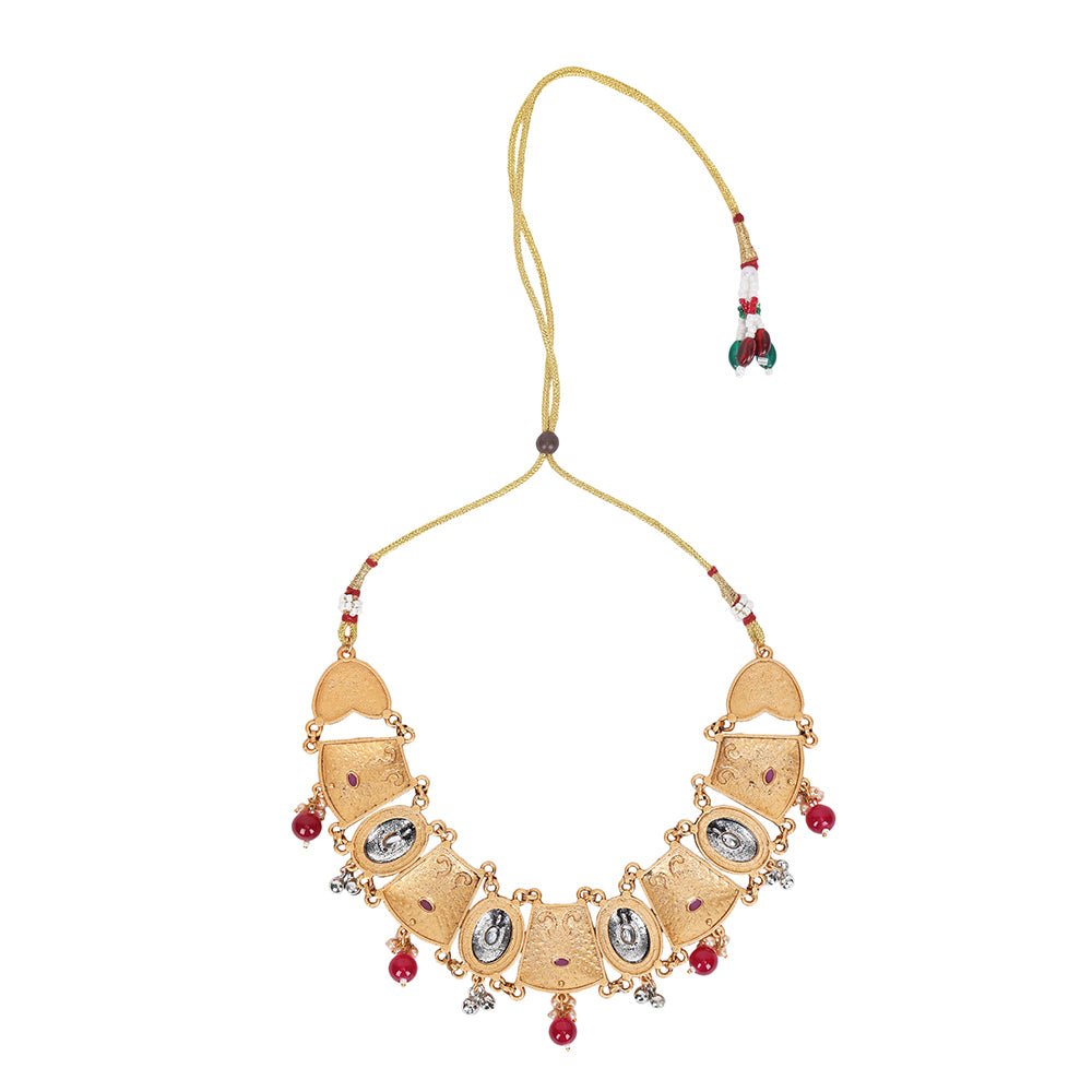 Antique Gold-Plated Temple-Style Choker Jewelry Set with Red Beads - Auraa Trends - Choker -Choker sets choker set for women