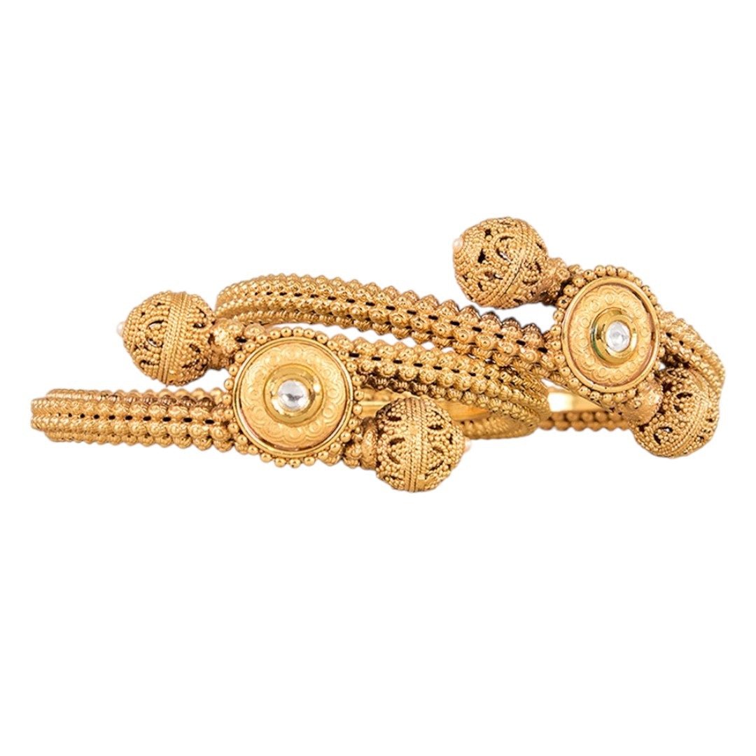 Antique Gold - Plated Traditional Beaded Bangles with Center Stone for Women - Auraa Trends - Bangles -  - Auraa Trends - Antique gold - plated bangles with textured beads and pearl center
