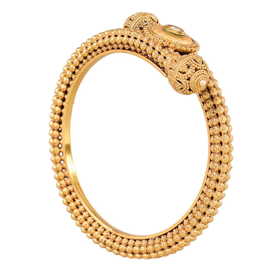 Antique Gold - Plated Traditional Beaded Bangles with Center Stone for Women - Auraa Trends - Bangles -  - Auraa Trends - Antique gold - plated bangles with textured beads and pearl center
