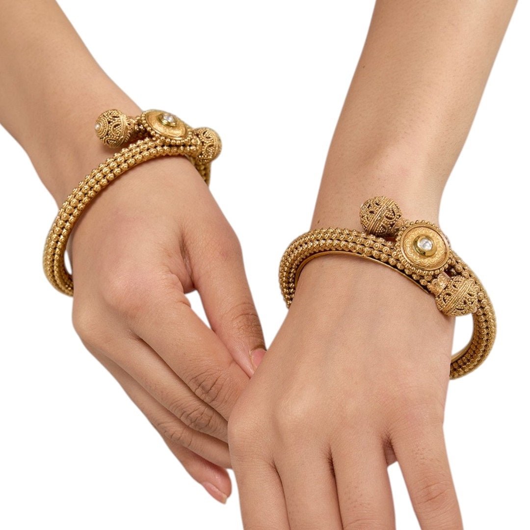 Antique Gold - Plated Traditional Beaded Bangles with Center Stone for Women - Auraa Trends - Bangles -  - Auraa Trends - Antique gold - plated bangles with textured beads and pearl center