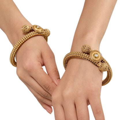 Antique Gold - Plated Traditional Beaded Bangles with Center Stone for Women - Auraa Trends - Bangles -  - Auraa Trends - Antique gold - plated bangles with textured beads and pearl center