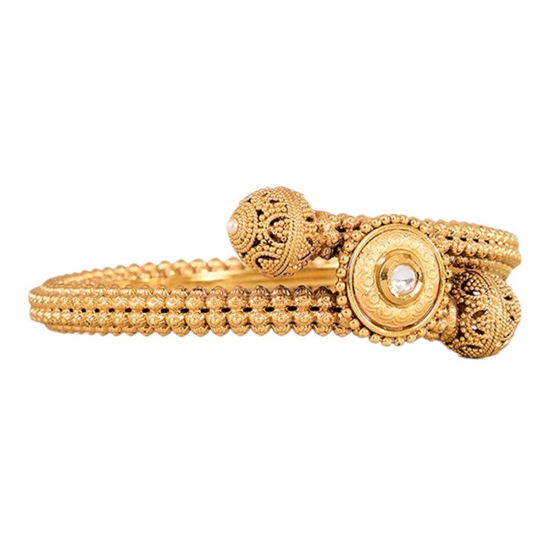 Antique Gold - Plated Traditional Beaded Bangles with Center Stone for Women - Auraa Trends - Bangles -  - Auraa Trends - Antique gold - plated bangles with textured beads and pearl center