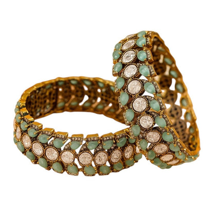 Antique Gold - Plated Turquoise & White Stone Studded Designer Bangles for Women - Auraa Trends - Bangles -  - Auraa Trends - Antique Gold - Plated Turquoise & White Stone Studded Designer Bangles for Women