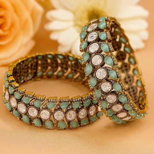 Antique Gold - Plated Turquoise & White Stone Studded Designer Bangles for Women - Auraa Trends - Bangles -  - Auraa Trends - Antique Gold - Plated Turquoise & White Stone Studded Designer Bangles for Women